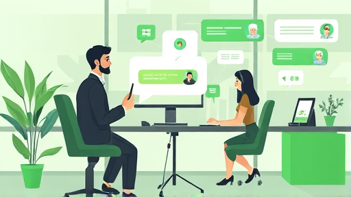 modern illustration of an AI chatbot interface, showing animated conversation bubbles and futuristic technology icons, green accent color palette, cartoon style, text-free