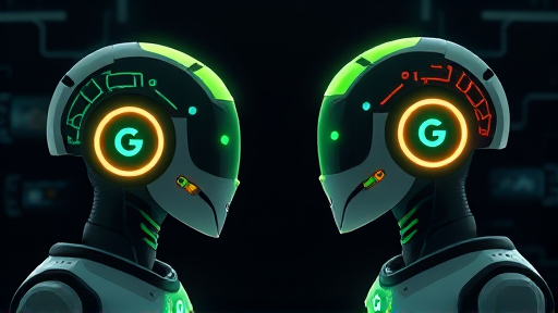 modern animated illustration of two AI chatbots, stylized as geometric glowing spheres with circuit-like patterns, one with Google branding colors and another with green and black (GapGPT style)