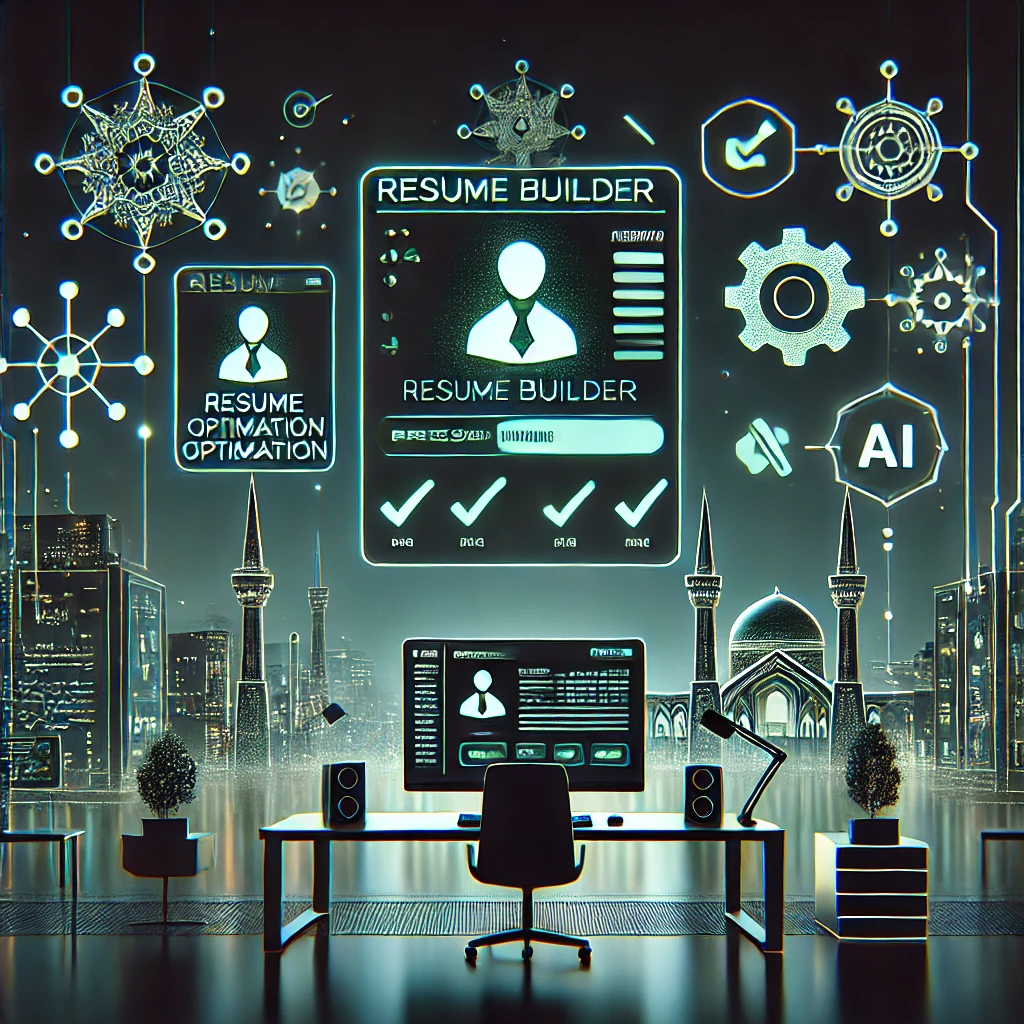 animated illustration of an AI-powered resume builder interface, dark theme matching #171717