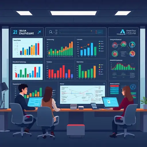 animated illustration of a decision-making dashboard powered by AI, showing charts, matrices (SWOT, RICE)
