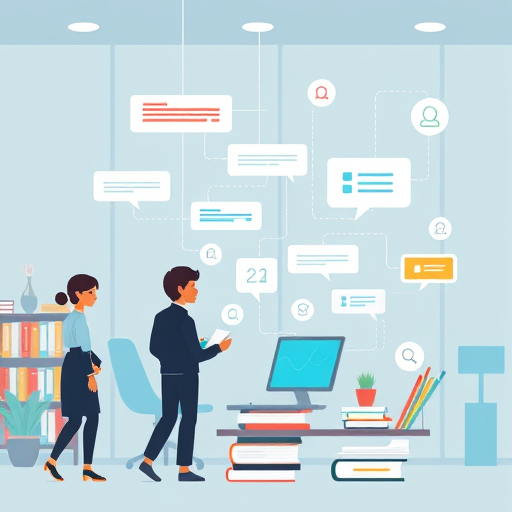 abstract illustration of humanities research with AI, showing books, chat bubbles, and digital devices interconnected, emphasizing technology’s role in literature and social sciences, no text