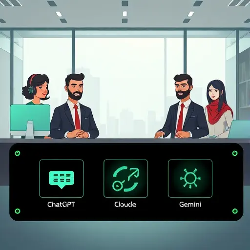 illustration of multi-model AI selection panel (ChatGPT, Claude, Gemini icons as abstract symbols)