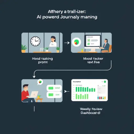 step-by-step workflow illustration of AI-powered journaling: icons for clock, prompt bubble, mood tracker, weekly review dashboard;; dark theme; green accents; text-free