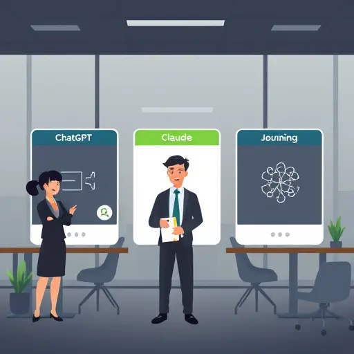 three comparison cards representing ChatGPT, Claude, and Gemini for journaling; abstract icons for creativity, empathy, and analysis; dark theme with green accents;; no text