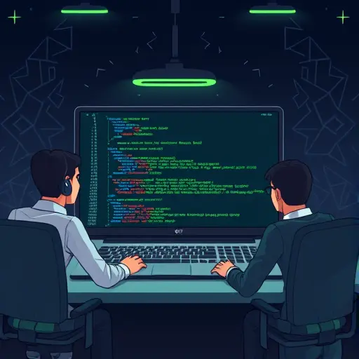 cartoon style illustration of an AI debugging assistant analyzing a code stack trace on a dark-