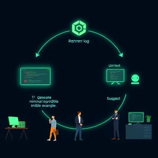abstract flow diagram of an AI-driven debugging loop: read error log -> generate minimal reproducible example -> suggest unit test -> patch code -> re-