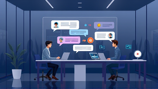 modern animated illustration showing an advanced online AI chat service platform, user interface with chat bubbles, AI icons, and productivity design cues, clean dark theme, no text
