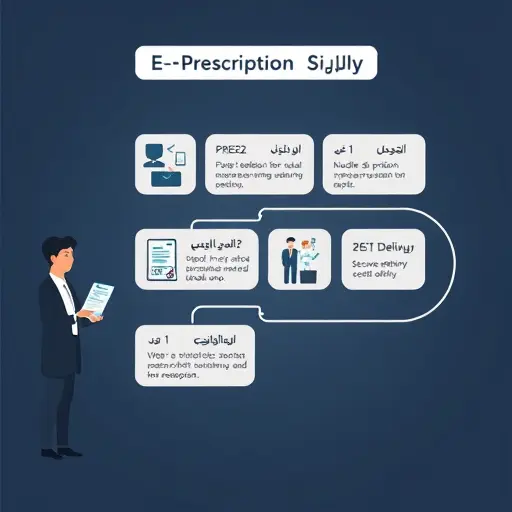 animated flowchart of e-prescription steps: data intake, model selection, prompt drafting, validation, secure delivery, follow-up;