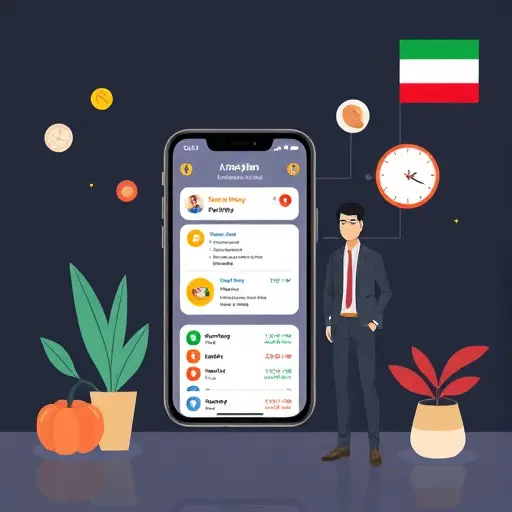 cartoon-style smartphone UI showing AI meal plan and smart grocery list, Iranian-