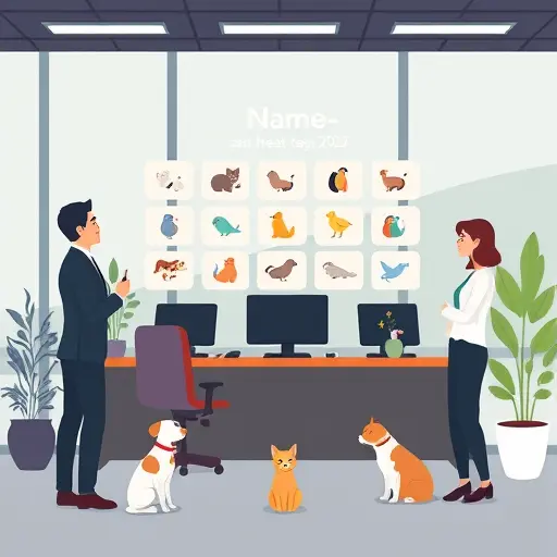 cute illustrated interface of an AI naming assistant generating pet names with playful tags and icons (dog, cat, bird)