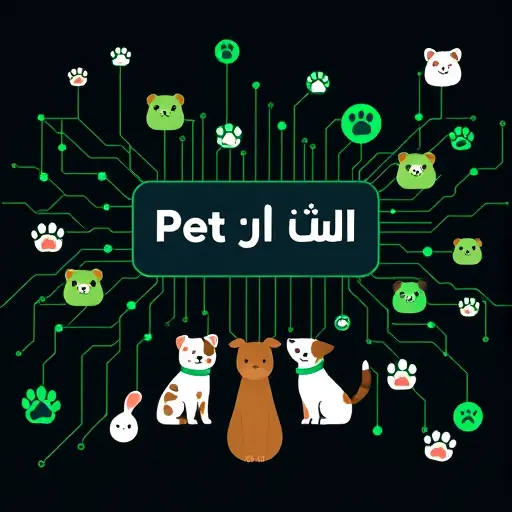 abstract illustration of neural network generating pet name tags, cute icons of paws and collars, dark theme with green accents, minimalistic, no text, high quality