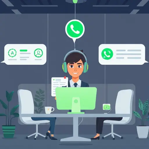 animated illustration of an AI customer support assistant managing multiple channels (website chat, WhatsApp, Telegram)