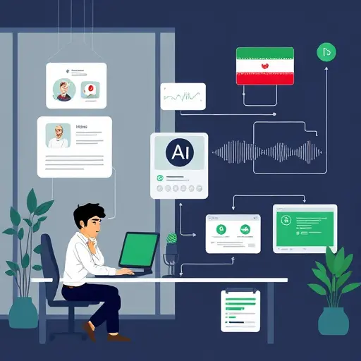 animated illustration of a podcast production workflow with AI, showing brainstorming, script writing, microphone, audio waveforms, and an AI assistant interface; dark theme, green accents matching #94d3a2;