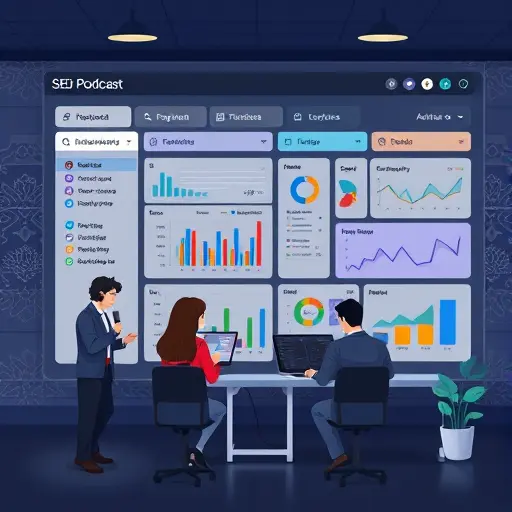 abstract SEO optimization dashboard for podcasts, showing keywords, metadata tags, and analytics graphs;;