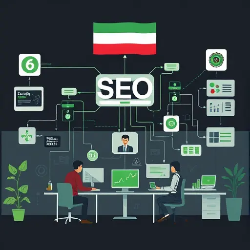 illustration of SEO keyword clustering and internal linking strategy powered by AI, flowcharts and nodes connected, dark background with green (#94d3a2)