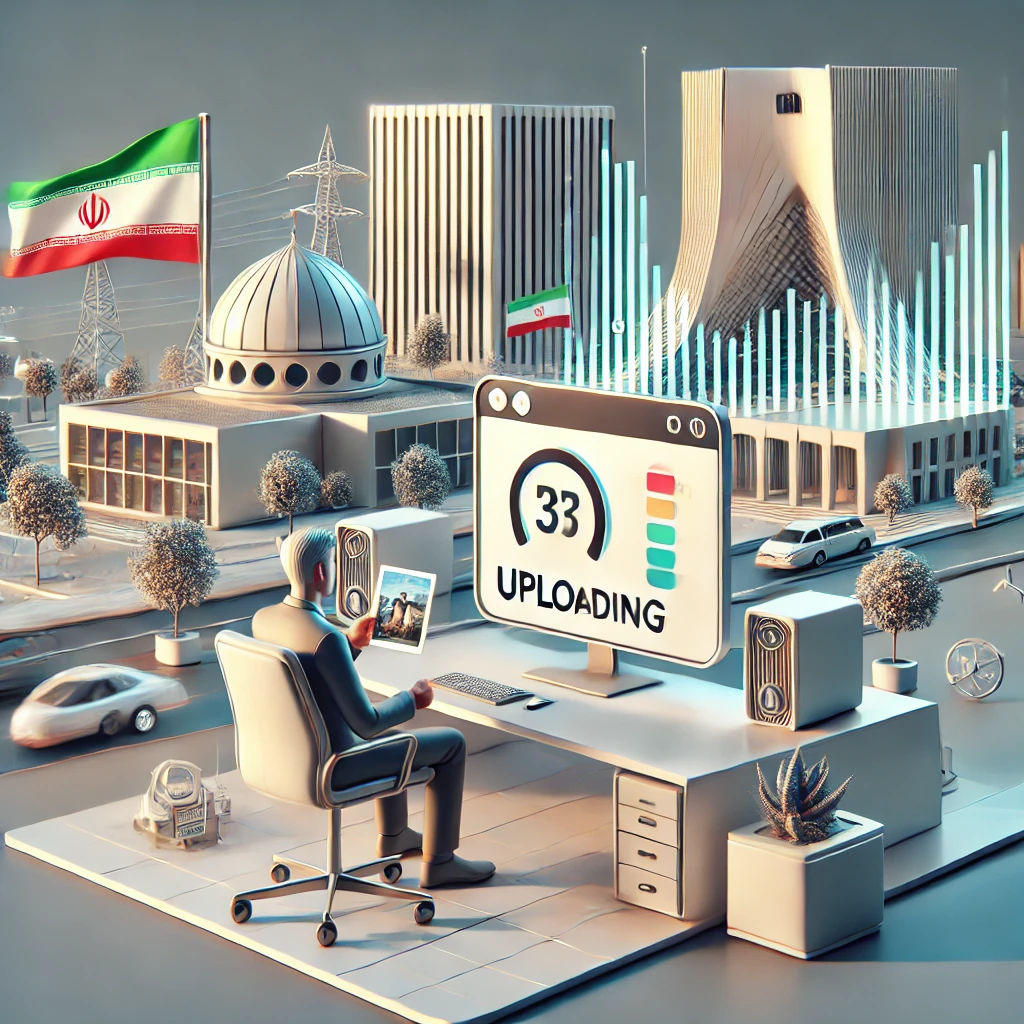 modern animated illustration of a user uploading a photo to an Iranian AI website, fast internet speed symbol, no VPN icons, text-free
