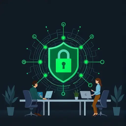 privacy-focused illustration with shield, lock, and AI circuits around anonymized lab data, dark background, green accent, minimalistic, text-free