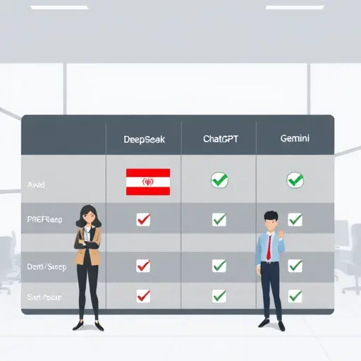 clean comparison chart illustration between DeepSeek, ChatGPT, Claude, Gemini, icons and checkmarks, dark UI, minimal, no text
