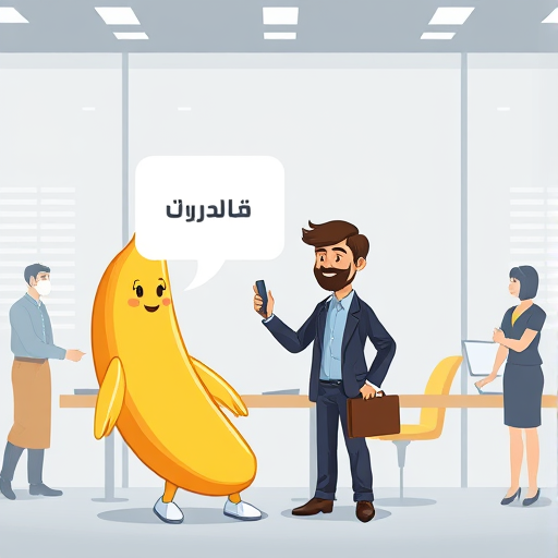 friendly cartoon banana AI assistant icon with speech bubble, minimalist tech background, animated style, no text