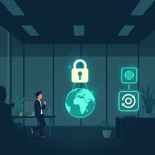 illustration of an Iranian user encountering geo-restriction barriers with an abstract lock and globe, then a bypass via a trusted platform icon; dark theme, mint-green accents, no text