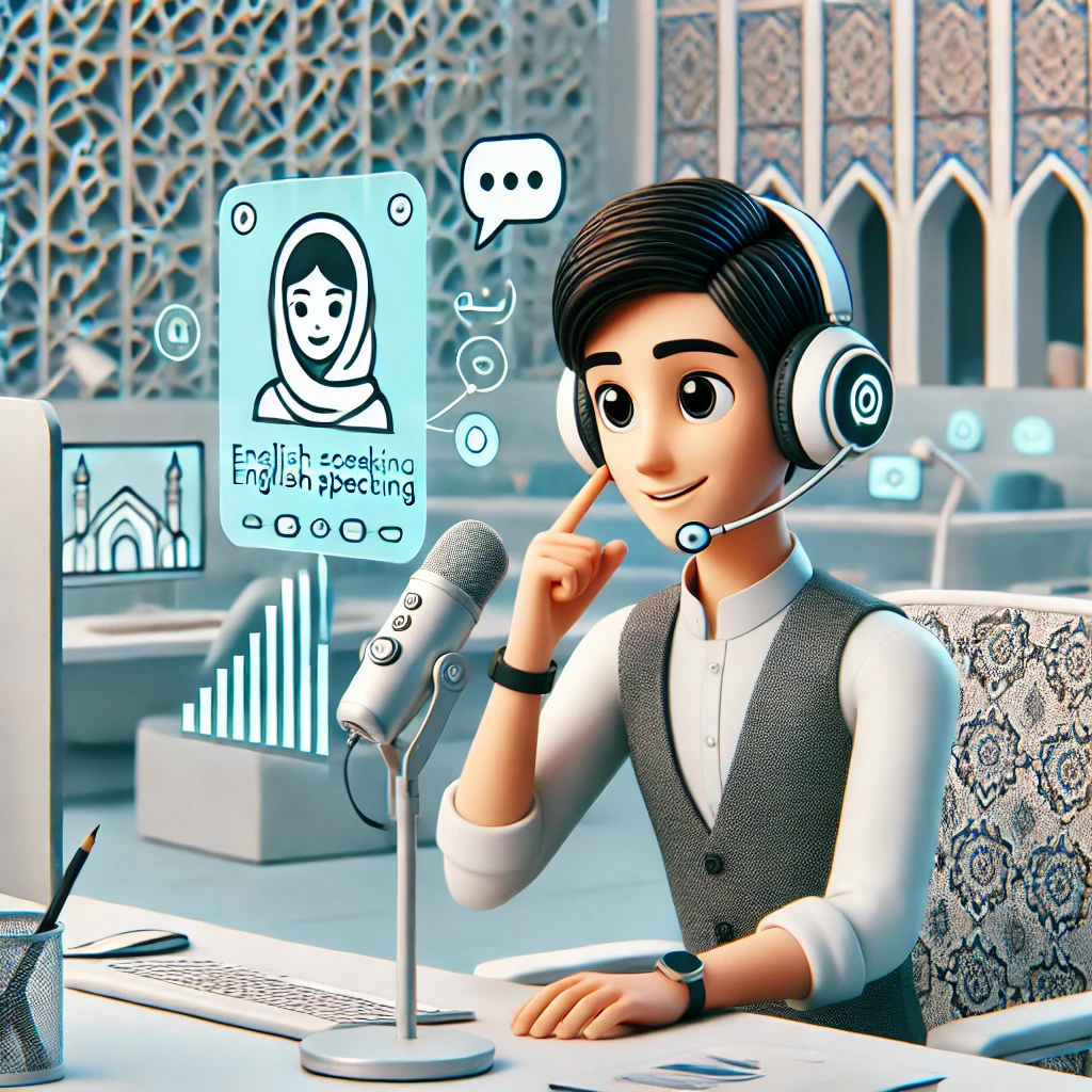 cartoon illustration of AI-driven English speaking practice, animated student conversing with a virtual assistant, headphones, microphone, tech style, text-free
