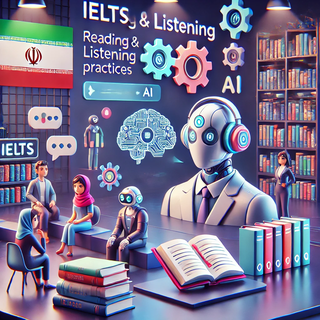 illustration of animated reading and listening AI practice for IELTS, with icons for audio, books, and AI analyzing answers, tech-educational mood, text-free