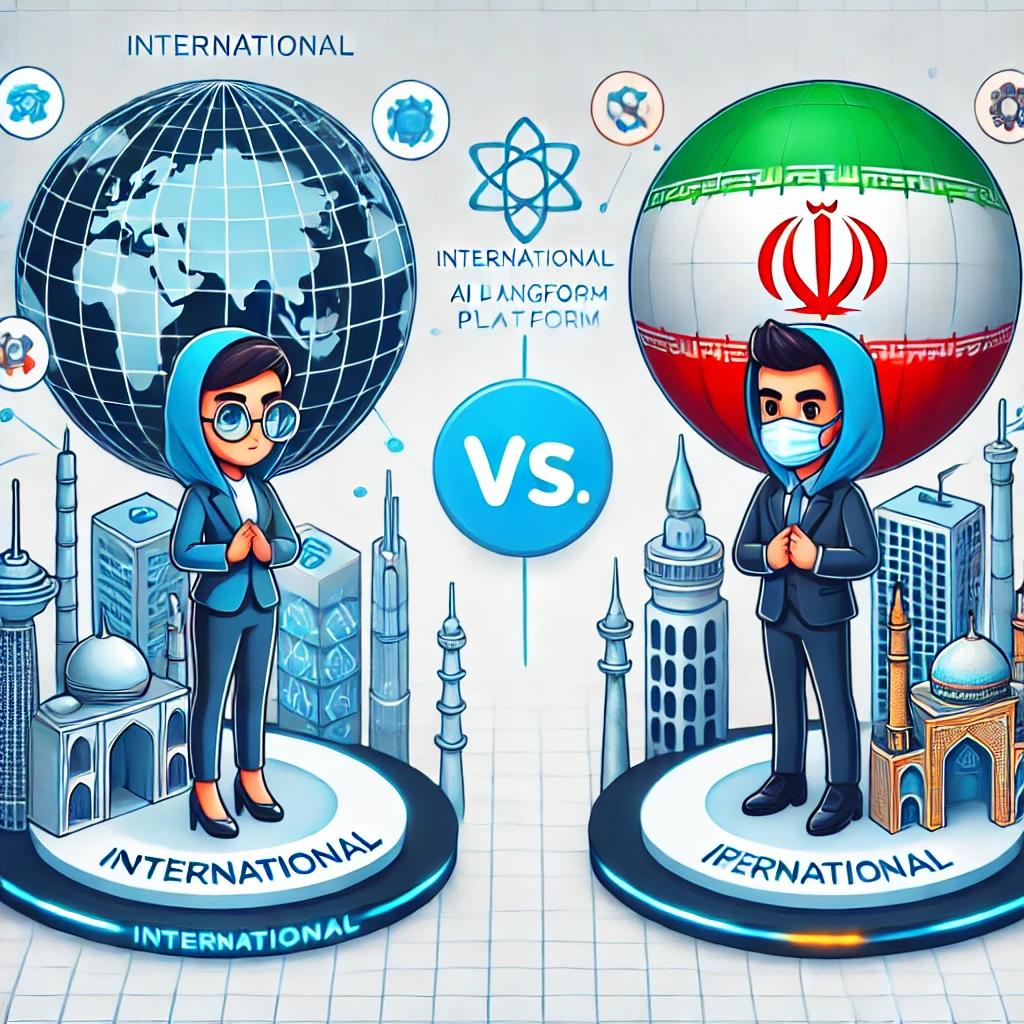 comparison illustration of international vs. Iranian AI language platforms, with GapGPT on one side and a blocked VPN icon on the other, cartoon style, text-free