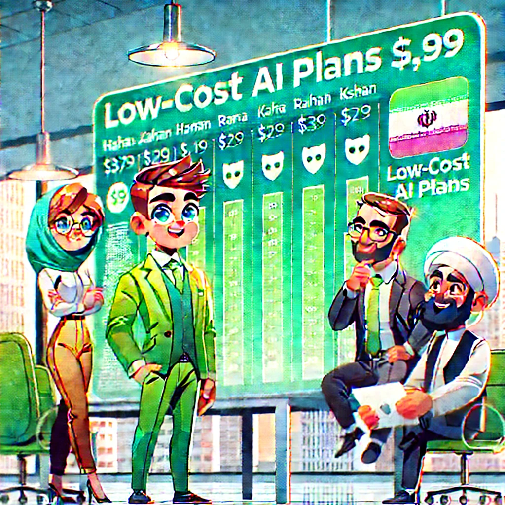 cartoon-style price comparison chart, highlighting low-cost AI plans for Iranian users, GapGPT logo, cheerful student saving money, green palette, text-free