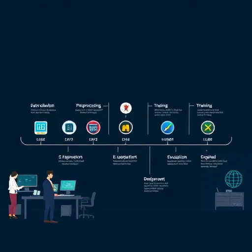 illustrated machine learning lifecycle pipeline, stages labeled conceptually: