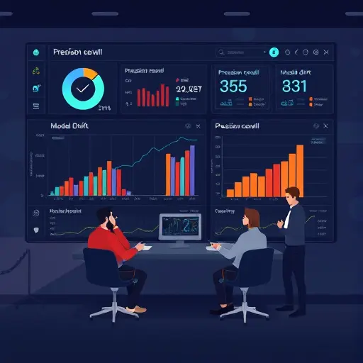 abstract illustration of MLOps monitoring dashboard, charts for precision recall F1