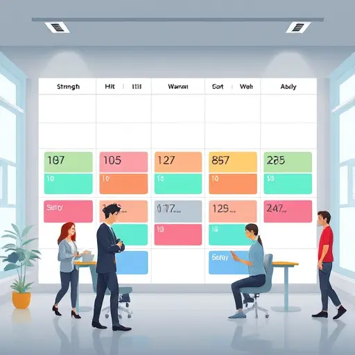 calendar-based weekly workout schedule illustration with color-coded blocks for strength, HIIT, LISS, warm-up and cool-