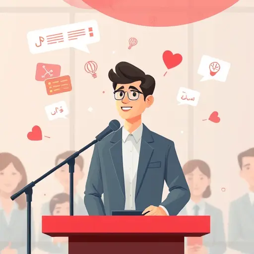 animated wedding speech illustration, a person at a microphone with abstract AI icons (chat bubbles, lightbulb, heart)