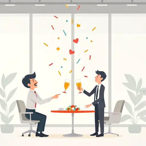 light-hearted cartoon illustration of a wedding toast with humorous icons (smile, heart, confetti)