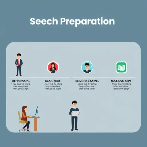 step-by-step infographic style illustration showing speech preparation workflow: define goal, audience, outline, prompt template, revise with examples, rehearse with timed script;