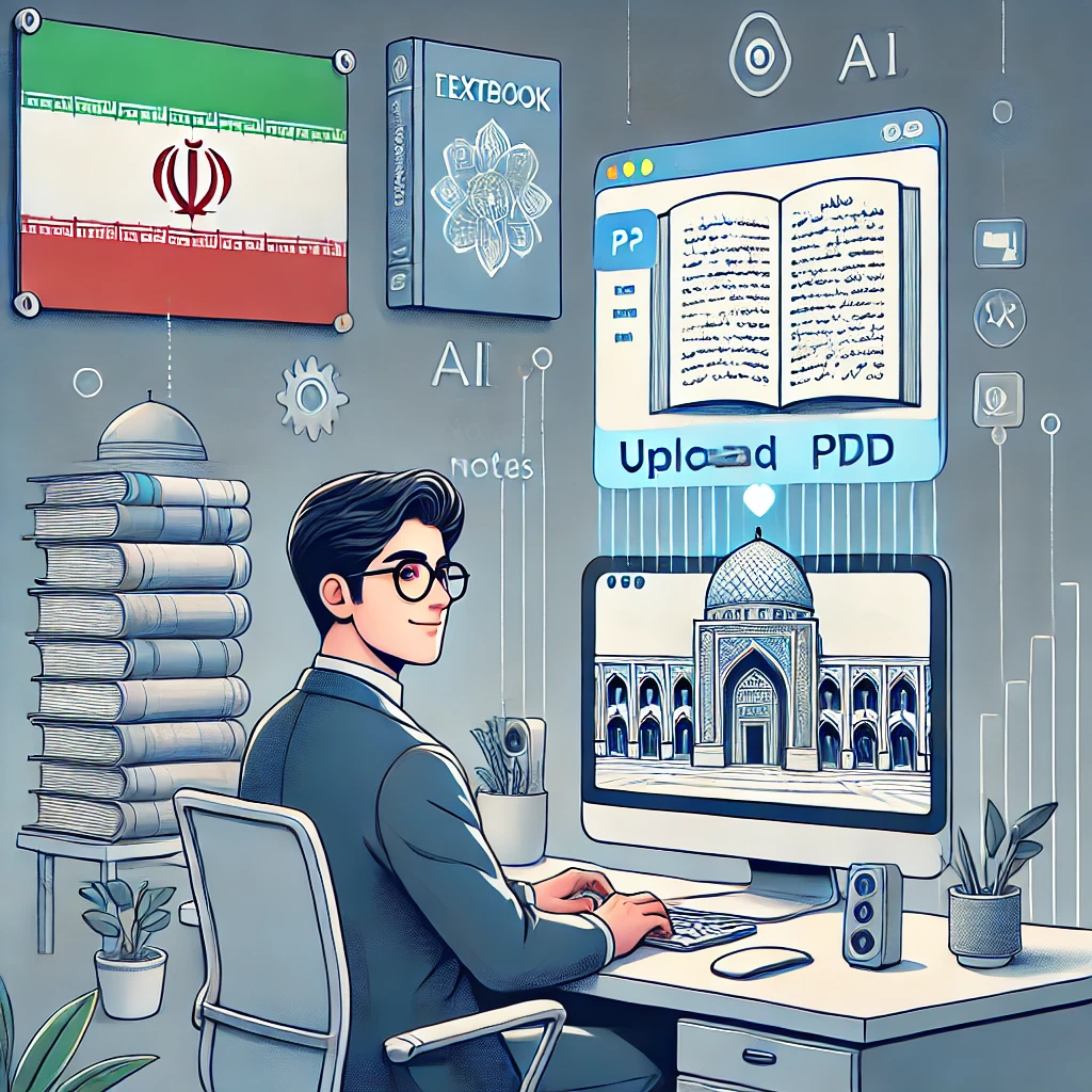 cartoon illustration of an Iranian student uploading a textbook PDF and receiving AI-generated notes instantly, smart educational interface, tech-style, no text