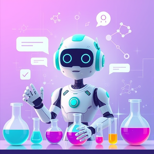 animation of a smart chatbot surrounded by chemistry icons—