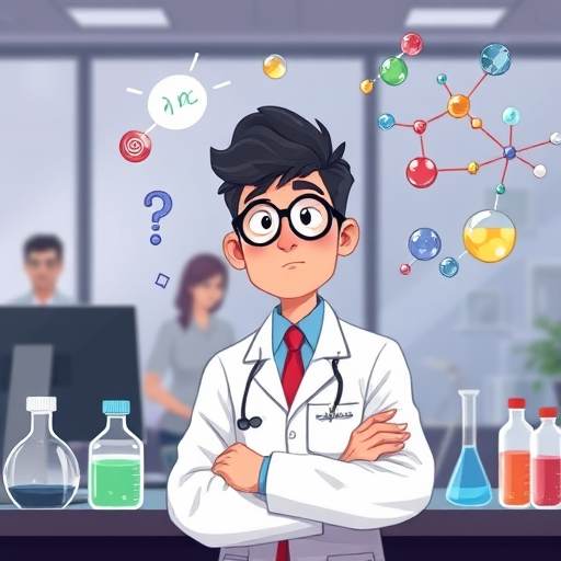 animated scene: chemistry student looking confused, AI assistant turns complex topics (molecular structures, equations) into colorful, simple visual guides, large icons, cartoon style, text-free