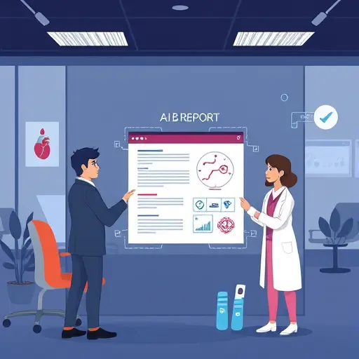 modern illustration of AI analyzing a lab report, OCR scanning lines, medical icons (blood drop, heart, glucose meter)