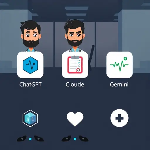 clean comparison illustration showing icons for ChatGPT, Claude, and Gemini with medical symbols (stethoscope, lab test, heart rate)