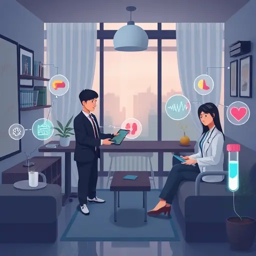 animated home healthcare scene with AI icons: pill reminders, heart rate, lab test tube, lifestyle checklist;