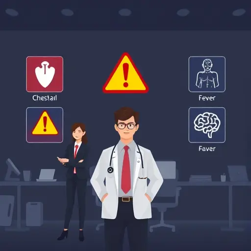 animated illustration of medical warning signs icons (chest pain, shortness of breath, fever, neurological symptoms)