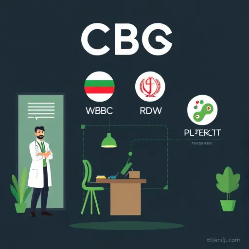 clean infographic of CBC elements (RBC, WBC, platelets, MCV, RDW) with simple icons, dark background and green accents, minimalist animated style, no text