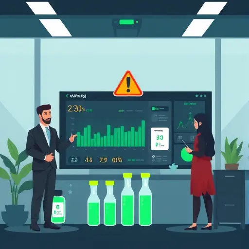 warning sign and AI dashboard concept, lab tubes and biomarkers icons, dark theme with green accent, minimal cartoon illustration, high quality, no text