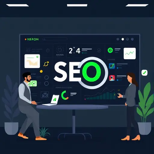 SEO keyword planning illustration on dark UI, tags and magnifying glass, AI-