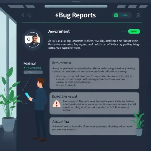 clean illustration of a structured bug report for AI debugging, with sections labeled environment, error message, minimal reproducible example, expected vs actual, attempted fixes;