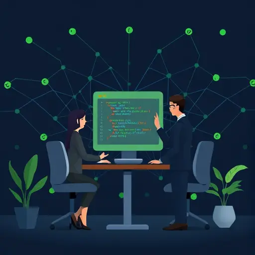 minimal reproducible example concept, tiny code snippet block and AI assistant icon analyzing it, abstract neural network background, dark theme, green accents, text-