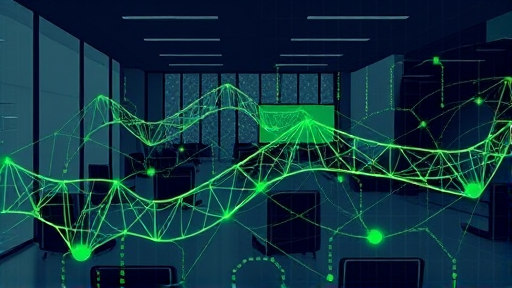 abstract AI neural network patterns, animated cartoon style, flowing data streams, accented with green and dark colors, representing smart technology, no text