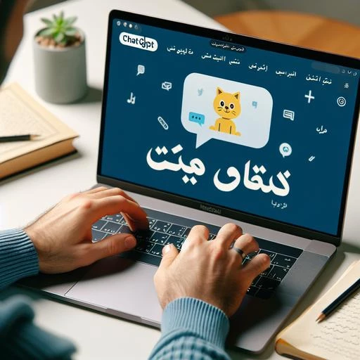 A person using a laptop with ChatGPT logo on screen, with Persian text overlay saying