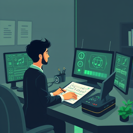 abstract animated composer working at a digital AI-