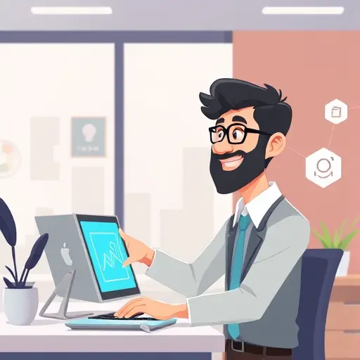 modern animated scene showing an Iranian user happily creating digital artwork through GapGPT, abstract AI symbols, cartoon style, text-free